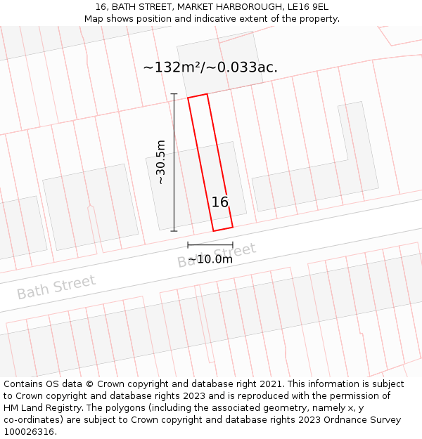 16, BATH STREET, MARKET HARBOROUGH, LE16 9EL: Plot and title map