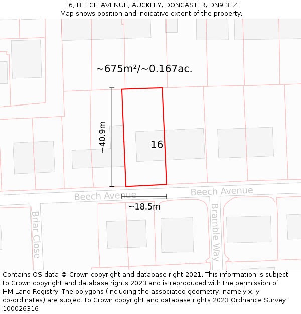 16, BEECH AVENUE, AUCKLEY, DONCASTER, DN9 3LZ: Plot and title map