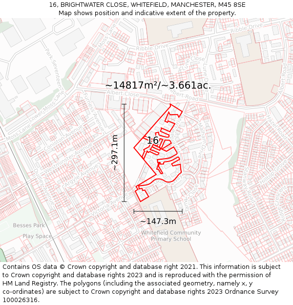 16, BRIGHTWATER CLOSE, WHITEFIELD, MANCHESTER, M45 8SE: Plot and title map