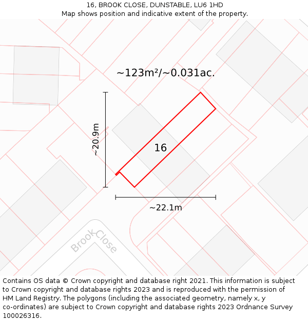 16, BROOK CLOSE, DUNSTABLE, LU6 1HD: Plot and title map
