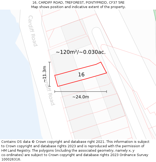 16, CARDIFF ROAD, TREFOREST, PONTYPRIDD, CF37 5RE: Plot and title map