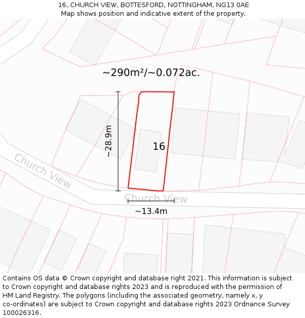 16, CHURCH VIEW, BOTTESFORD, NOTTINGHAM, NG13 0AE: Plot and title map