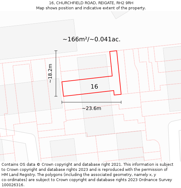 16, CHURCHFIELD ROAD, REIGATE, RH2 9RH: Plot and title map