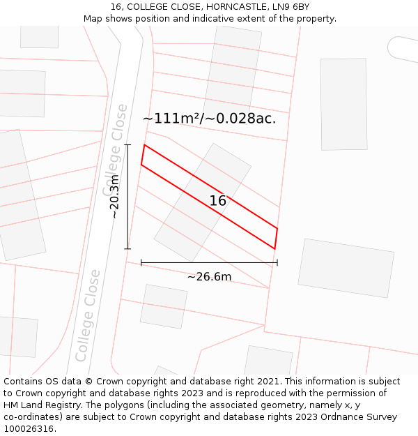 16, COLLEGE CLOSE, HORNCASTLE, LN9 6BY: Plot and title map