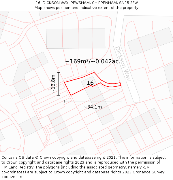 16, DICKSON WAY, PEWSHAM, CHIPPENHAM, SN15 3FW: Plot and title map