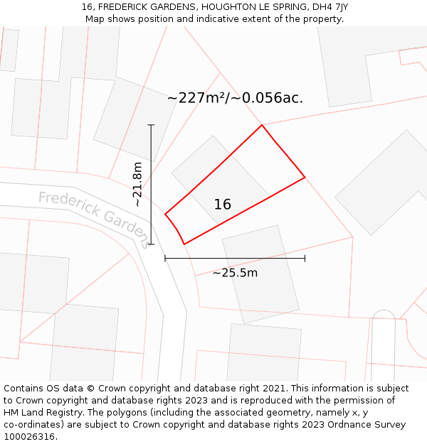 16, FREDERICK GARDENS, HOUGHTON LE SPRING, DH4 7JY: Plot and title map