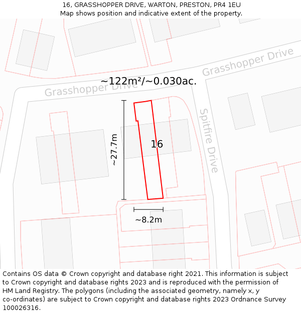 16, GRASSHOPPER DRIVE, WARTON, PRESTON, PR4 1EU: Plot and title map