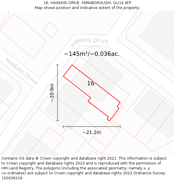 16, HASKINS DRIVE, FARNBOROUGH, GU14 9FP: Plot and title map