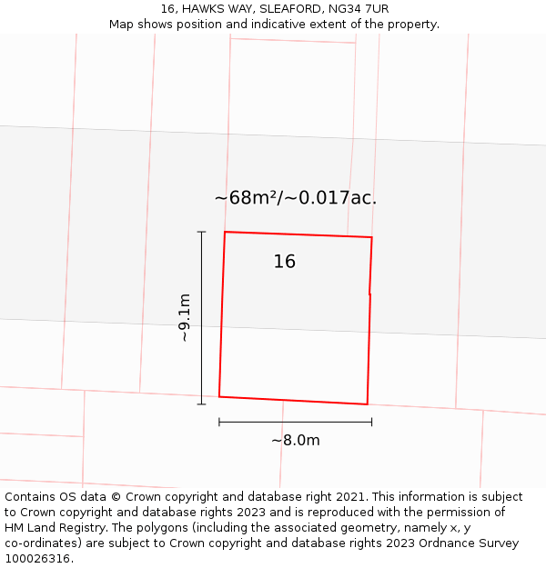 16, HAWKS WAY, SLEAFORD, NG34 7UR: Plot and title map
