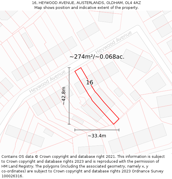 16, HEYWOOD AVENUE, AUSTERLANDS, OLDHAM, OL4 4AZ: Plot and title map