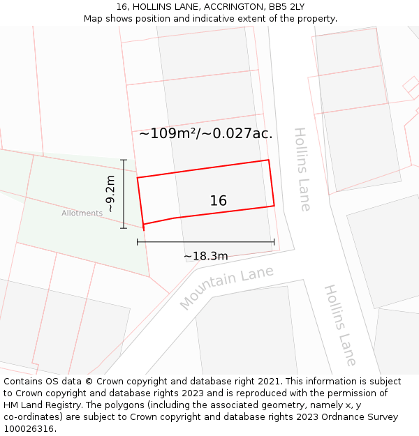 16, HOLLINS LANE, ACCRINGTON, BB5 2LY: Plot and title map
