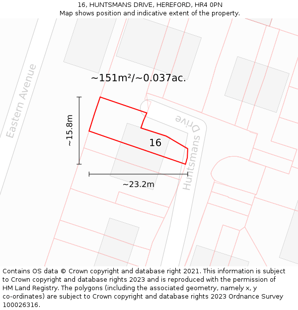 16, HUNTSMANS DRIVE, HEREFORD, HR4 0PN: Plot and title map