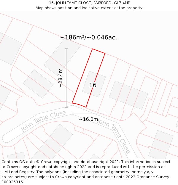 16, JOHN TAME CLOSE, FAIRFORD, GL7 4NP: Plot and title map