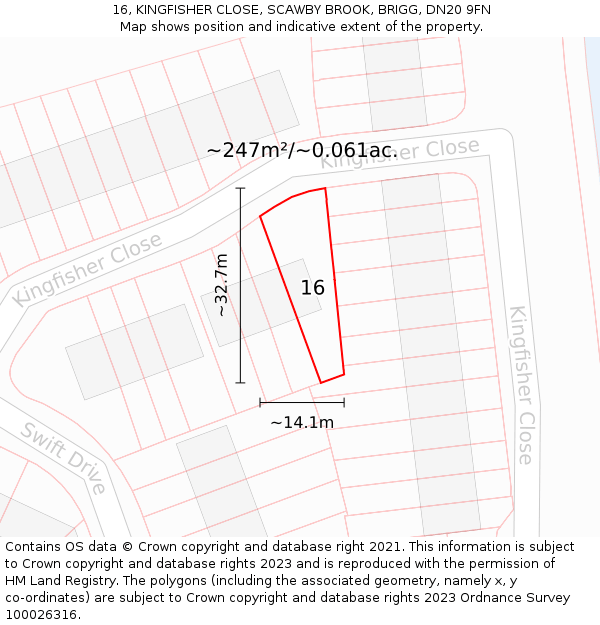 16, KINGFISHER CLOSE, SCAWBY BROOK, BRIGG, DN20 9FN: Plot and title map
