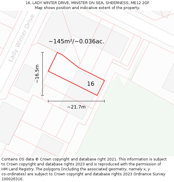 16, LADY WINTER DRIVE, MINSTER ON SEA, SHEERNESS, ME12 2GF: Plot and title map