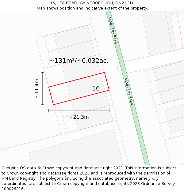16, LEA ROAD, GAINSBOROUGH, DN21 1LH: Plot and title map