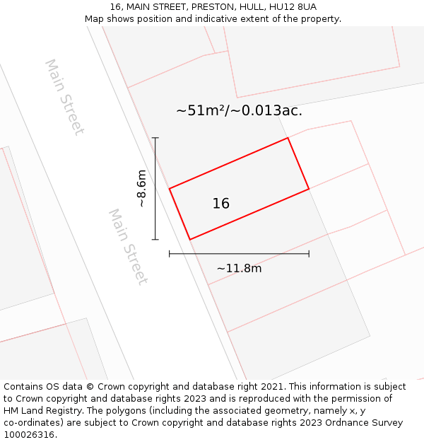 16, MAIN STREET, PRESTON, HULL, HU12 8UA: Plot and title map