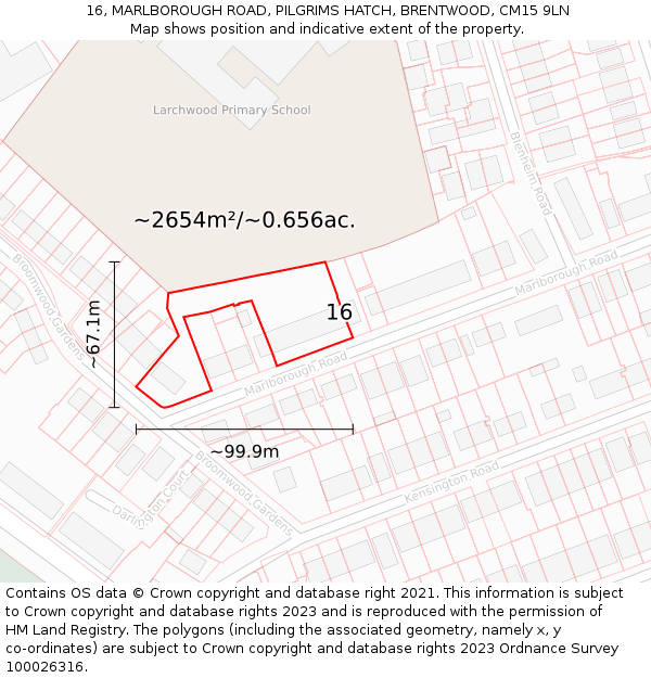 16, MARLBOROUGH ROAD, PILGRIMS HATCH, BRENTWOOD, CM15 9LN: Plot and title map