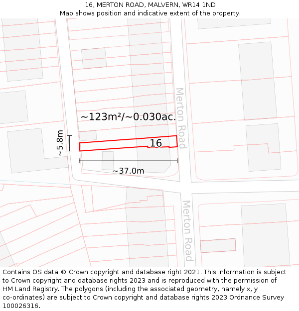 16, MERTON ROAD, MALVERN, WR14 1ND: Plot and title map