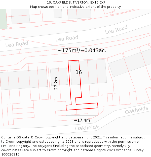 16, OAKFIELDS, TIVERTON, EX16 6XF: Plot and title map