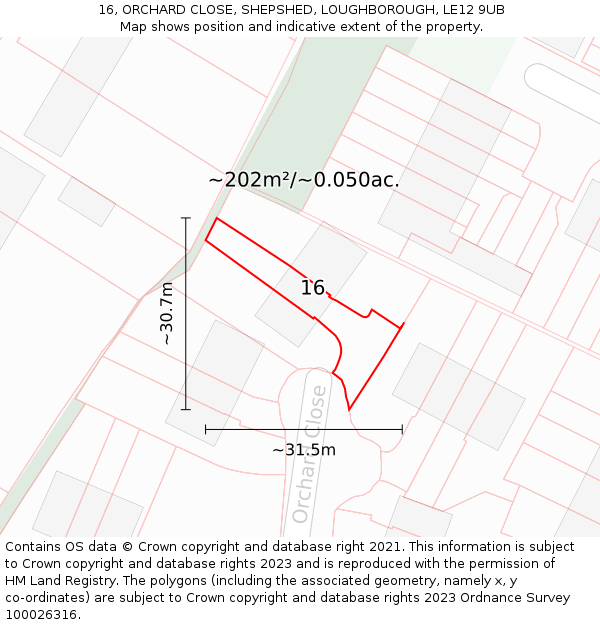 16, ORCHARD CLOSE, SHEPSHED, LOUGHBOROUGH, LE12 9UB: Plot and title map