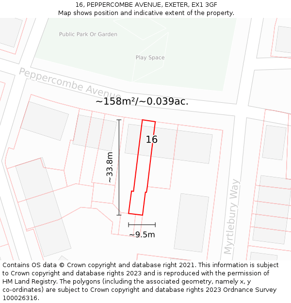 16, PEPPERCOMBE AVENUE, EXETER, EX1 3GF: Plot and title map
