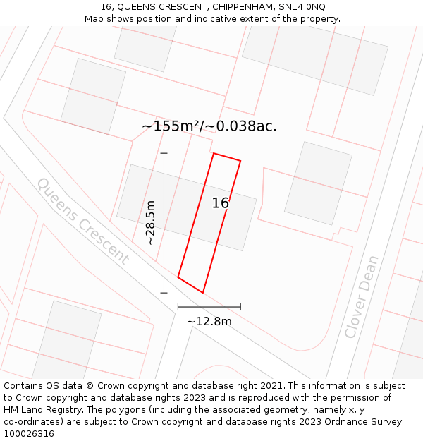 16, QUEENS CRESCENT, CHIPPENHAM, SN14 0NQ: Plot and title map