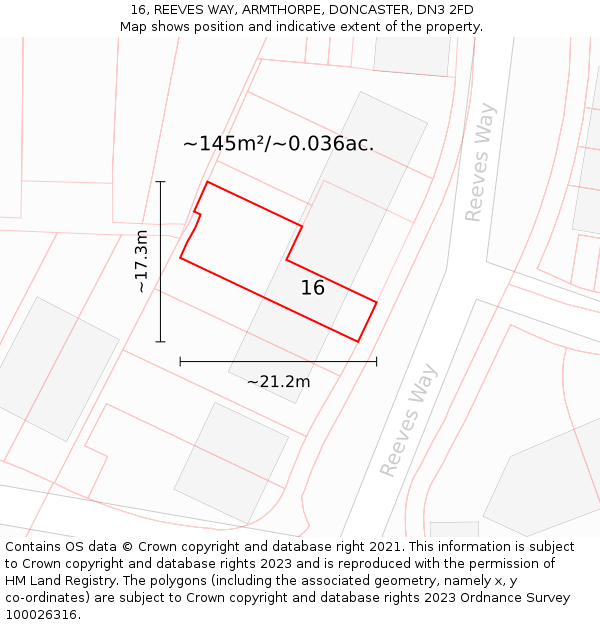 16, REEVES WAY, ARMTHORPE, DONCASTER, DN3 2FD: Plot and title map