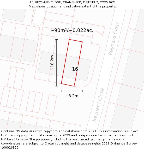 16, REYNARD CLOSE, CRANSWICK, DRIFFIELD, YO25 9PG: Plot and title map