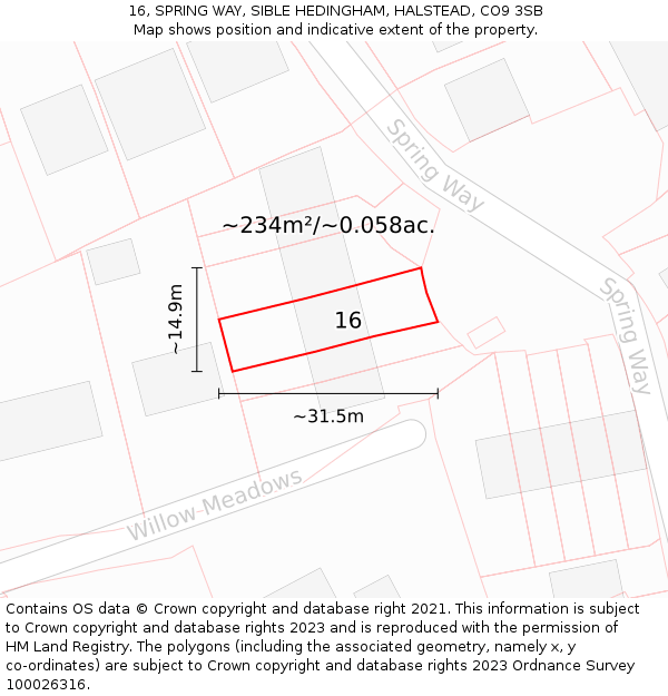 16, SPRING WAY, SIBLE HEDINGHAM, HALSTEAD, CO9 3SB: Plot and title map