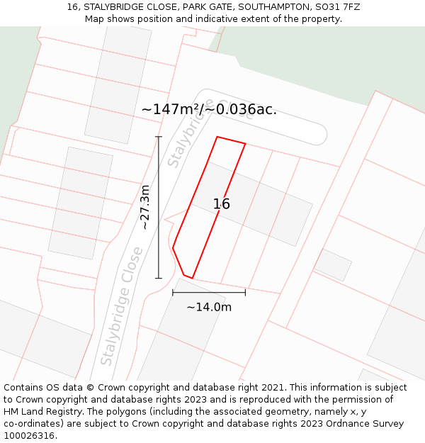 16, STALYBRIDGE CLOSE, PARK GATE, SOUTHAMPTON, SO31 7FZ: Plot and title map