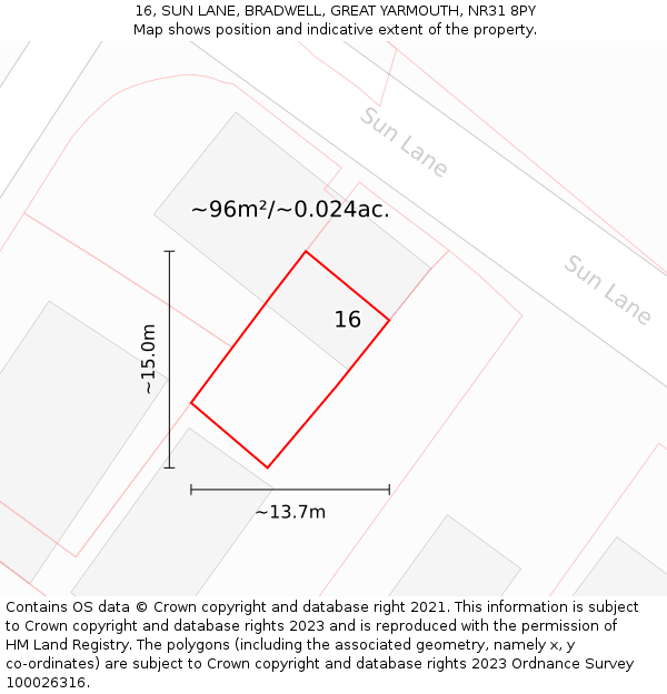 16, SUN LANE, BRADWELL, GREAT YARMOUTH, NR31 8PY: Plot and title map