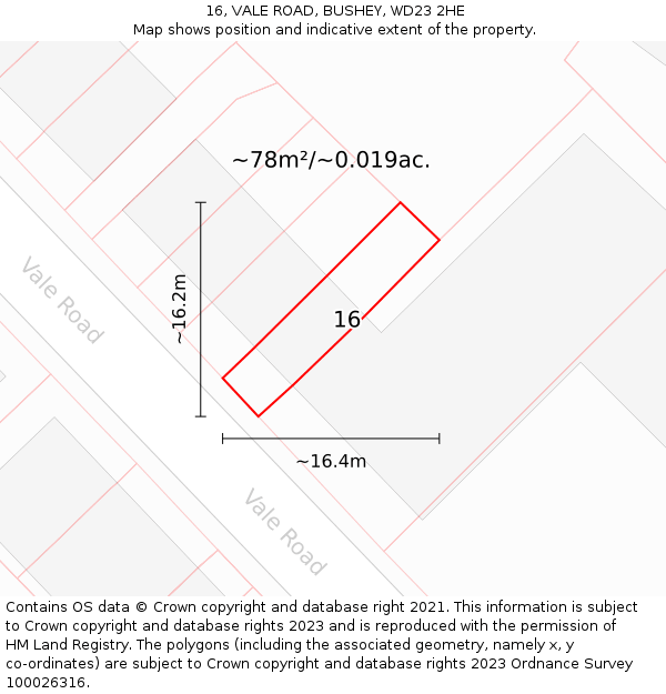 16, VALE ROAD, BUSHEY, WD23 2HE: Plot and title map