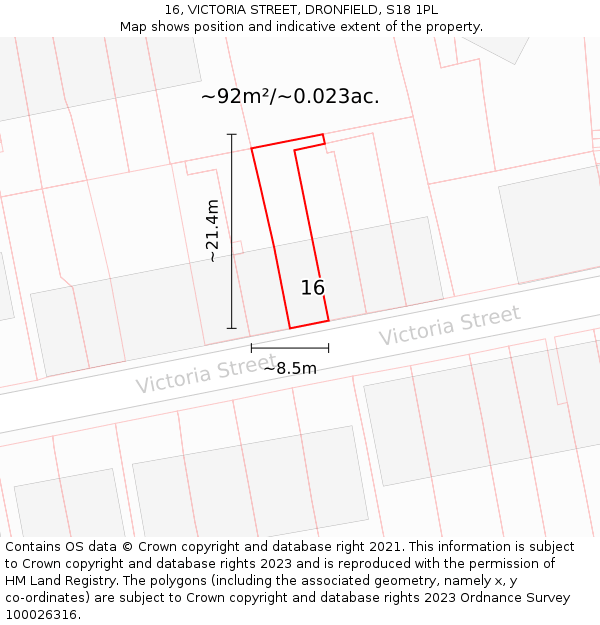 16, VICTORIA STREET, DRONFIELD, S18 1PL: Plot and title map
