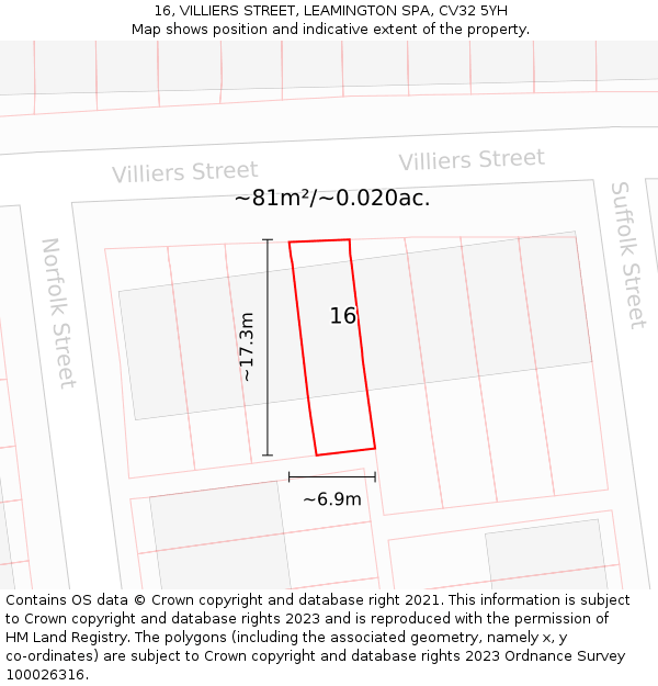 16, VILLIERS STREET, LEAMINGTON SPA, CV32 5YH: Plot and title map