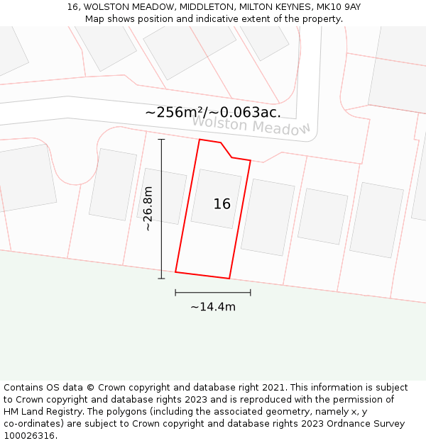 16, WOLSTON MEADOW, MIDDLETON, MILTON KEYNES, MK10 9AY: Plot and title map