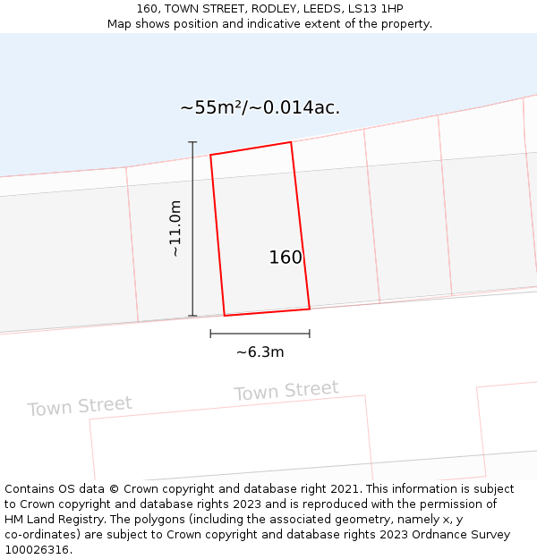 160, TOWN STREET, RODLEY, LEEDS, LS13 1HP: Plot and title map