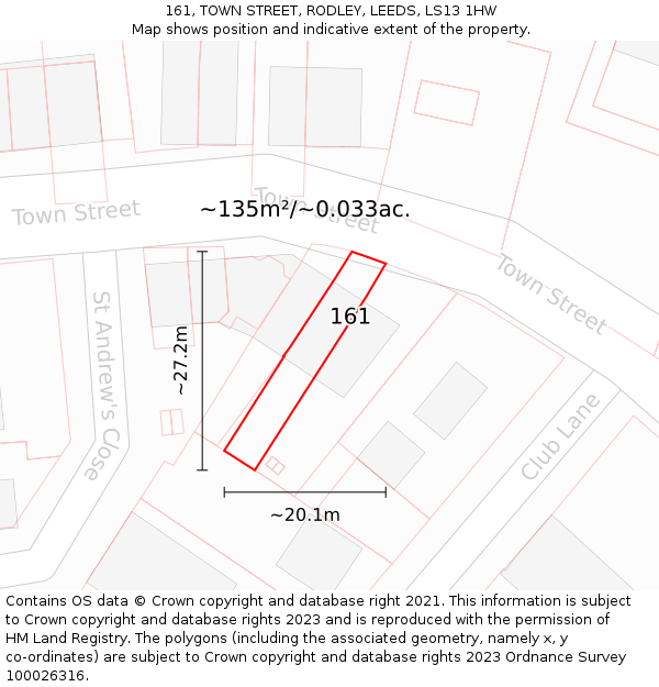161, TOWN STREET, RODLEY, LEEDS, LS13 1HW: Plot and title map