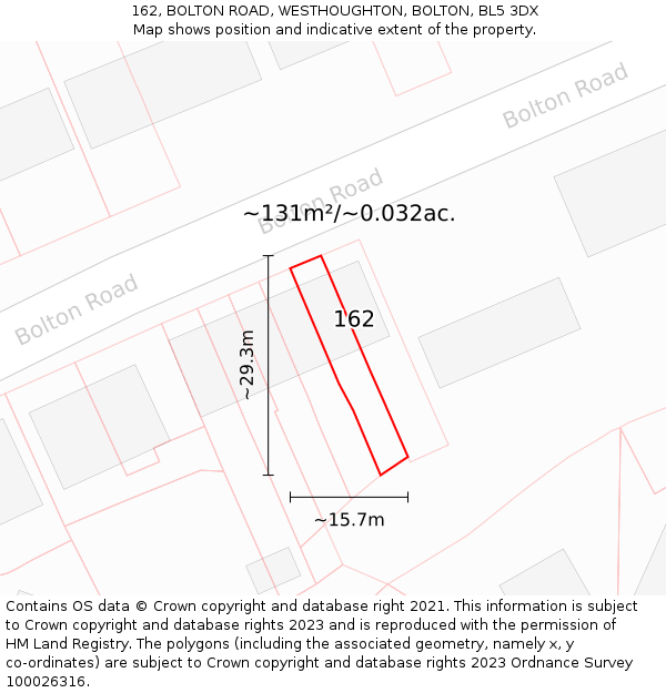 162, BOLTON ROAD, WESTHOUGHTON, BOLTON, BL5 3DX: Plot and title map