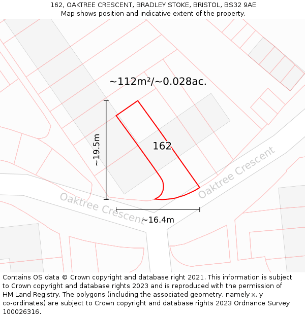 162, OAKTREE CRESCENT, BRADLEY STOKE, BRISTOL, BS32 9AE: Plot and title map