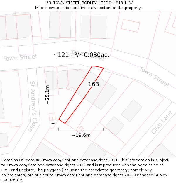 163, TOWN STREET, RODLEY, LEEDS, LS13 1HW: Plot and title map