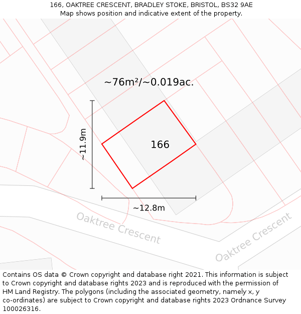 166, OAKTREE CRESCENT, BRADLEY STOKE, BRISTOL, BS32 9AE: Plot and title map