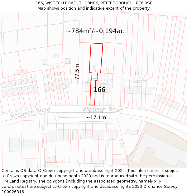166, WISBECH ROAD, THORNEY, PETERBOROUGH, PE6 0SE: Plot and title map