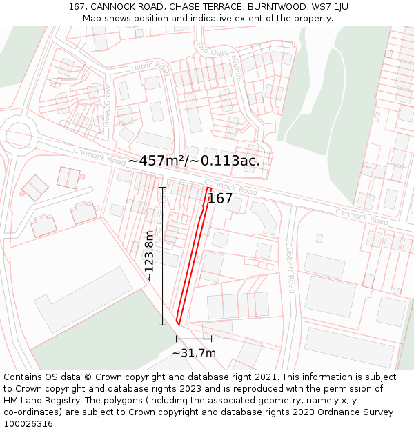 167, CANNOCK ROAD, CHASE TERRACE, BURNTWOOD, WS7 1JU: Plot and title map