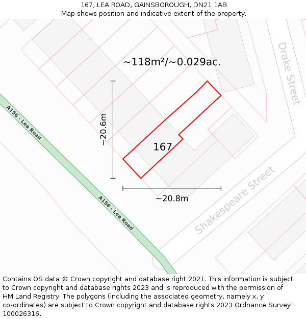 167, LEA ROAD, GAINSBOROUGH, DN21 1AB: Plot and title map