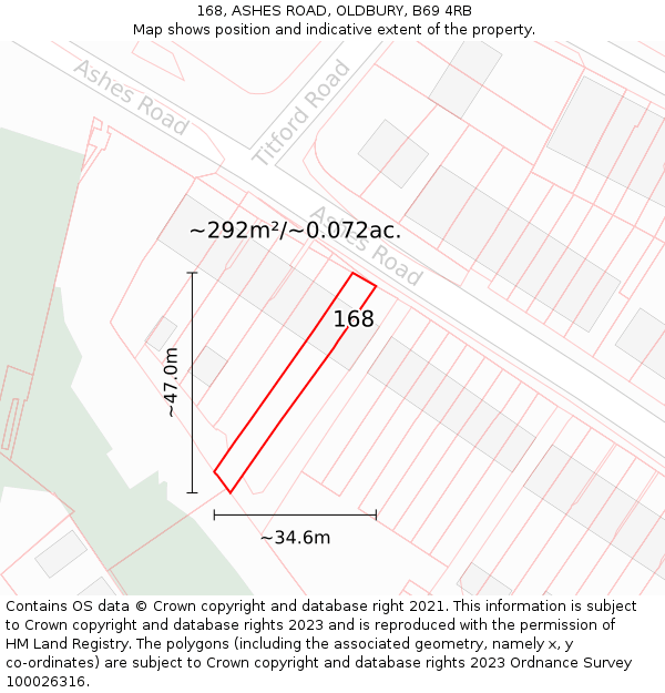 168, ASHES ROAD, OLDBURY, B69 4RB: Plot and title map