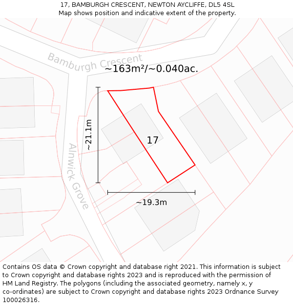 17, BAMBURGH CRESCENT, NEWTON AYCLIFFE, DL5 4SL: Plot and title map