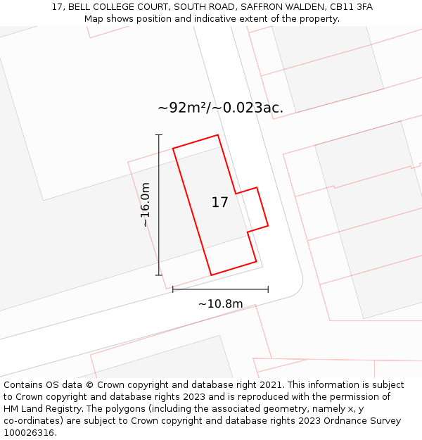 17, BELL COLLEGE COURT, SOUTH ROAD, SAFFRON WALDEN, CB11 3FA: Plot and title map