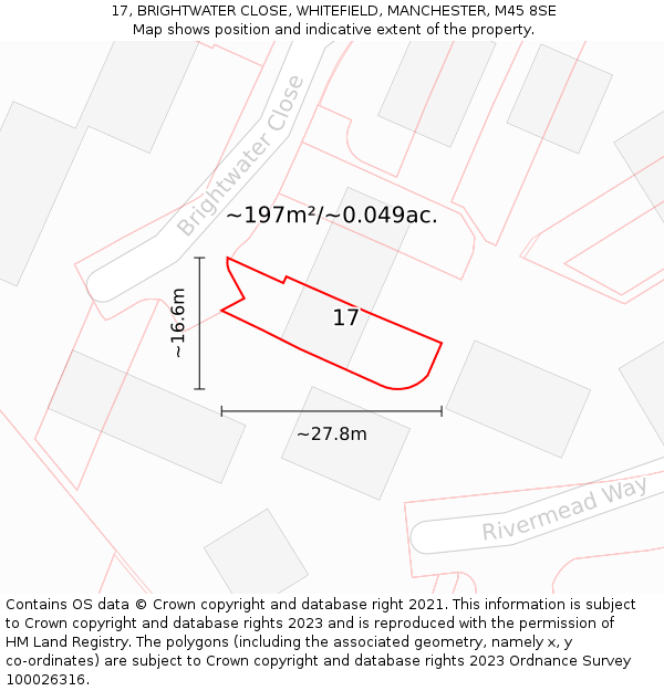 17, BRIGHTWATER CLOSE, WHITEFIELD, MANCHESTER, M45 8SE: Plot and title map