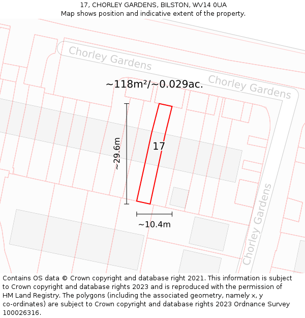 17, CHORLEY GARDENS, BILSTON, WV14 0UA: Plot and title map